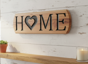 cedar home sign with heart in a cozy home setting